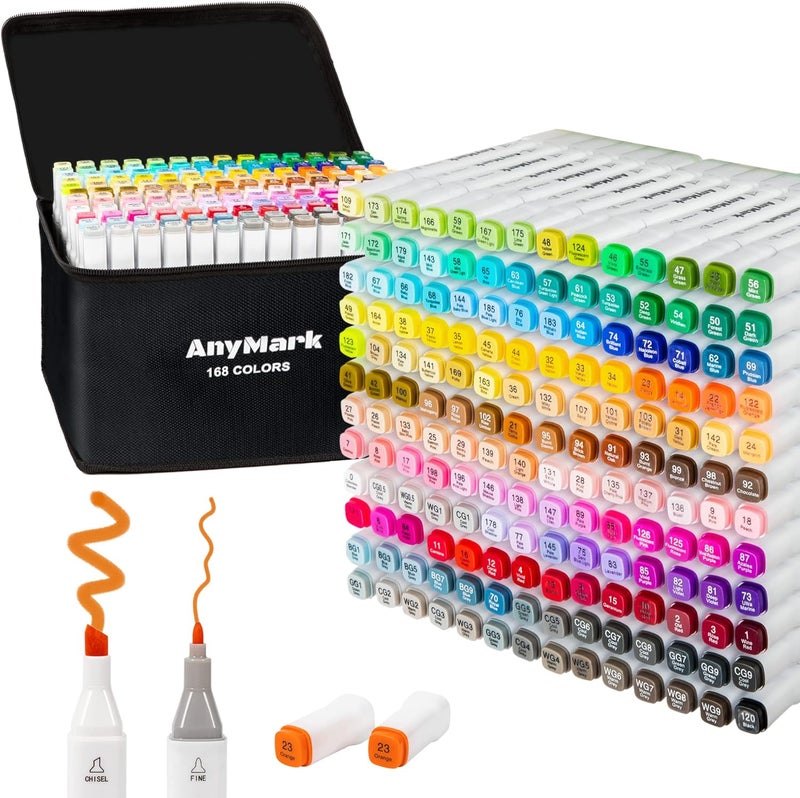 Anymark Alcohol Markers, 168 Colors Dual Tip Art Coloring Markers Set for Kids Adult Book Drawing Sketching Painting, Chisel & Fine, White Penholder - Image 1